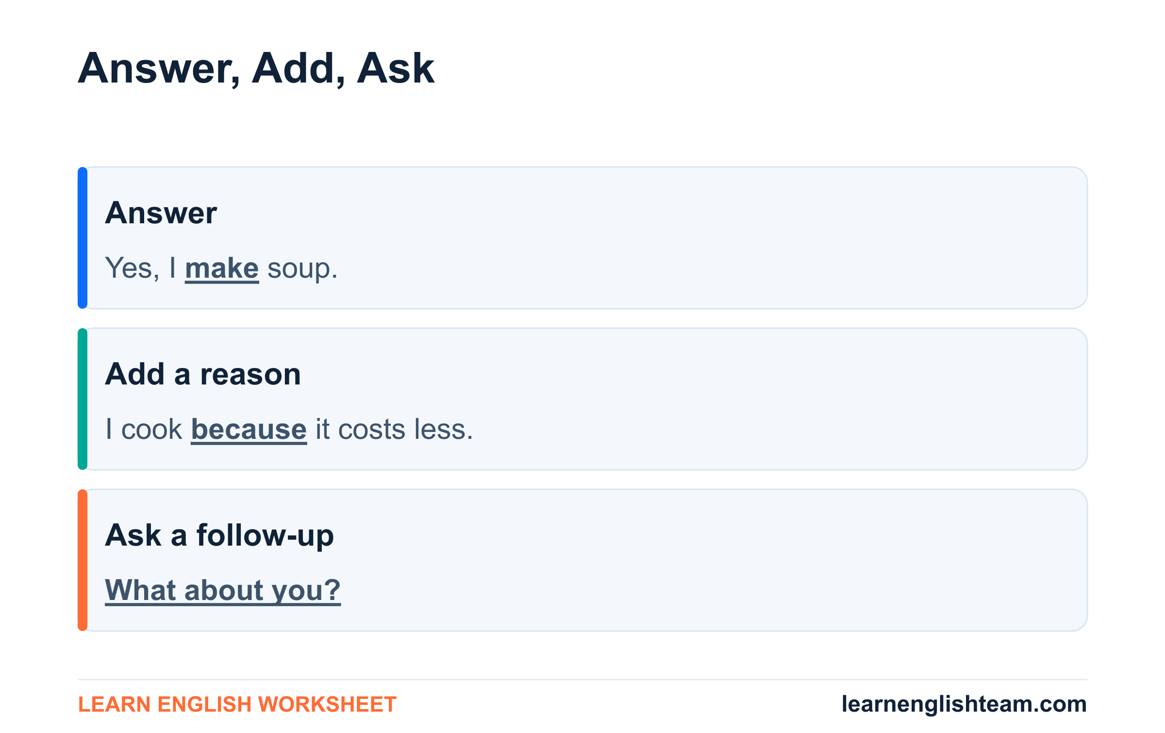 Three steps for conversation practice: answer, add a reason, ask a follow-up.