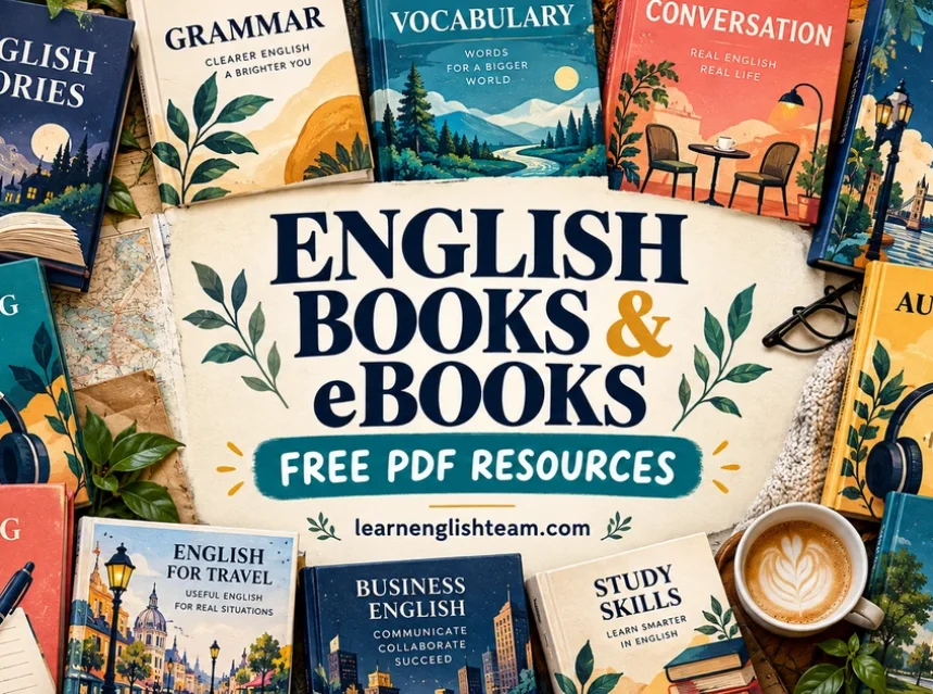 English Books and eBooks for Learners Collage of original English learning book covers with English Books and eBooks, Free PDF Resources, and learnenglishteam.com text