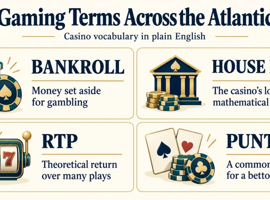 Gaming terms infographic explaining bankroll, house edge, RTP and punter in plain English
