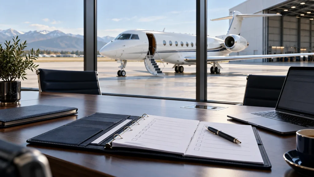 Private business jet outside an airport meeting room with procurement documents on the table.