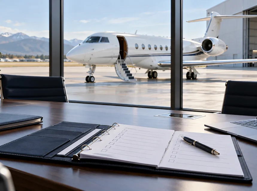 Private Aviation Procurement: How Companies Evaluate Charter Providers Private business jet outside an airport meeting room with procurement documents on the table.